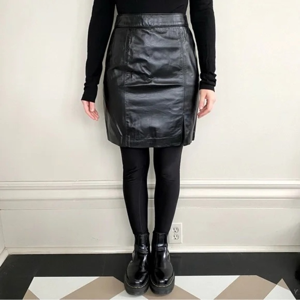 Vintage The Leather Ranch Black Leather Skirt High Waist 90s Pencil Statement